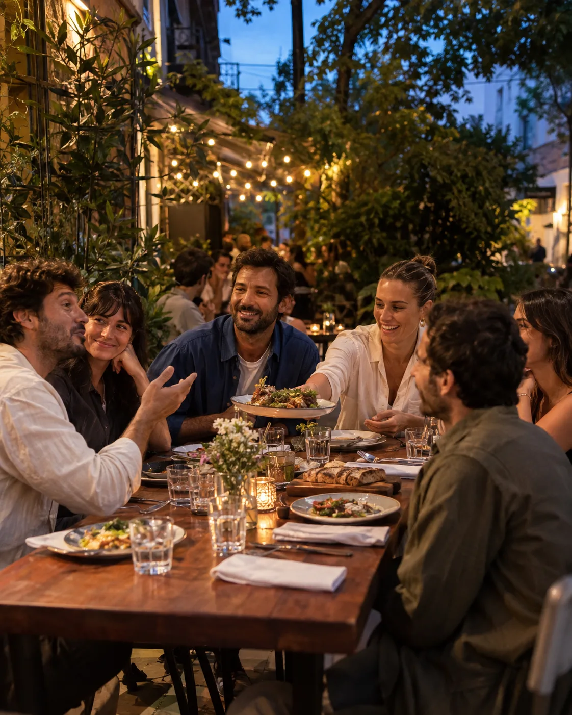 Amigos cenando en una mesa al aire libre