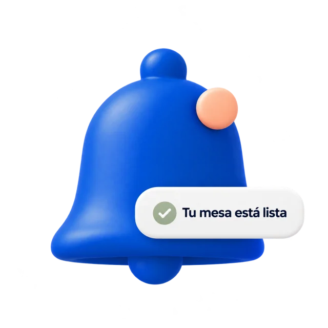 Campana de notificación azul con el aviso «Tu mesa está lista»